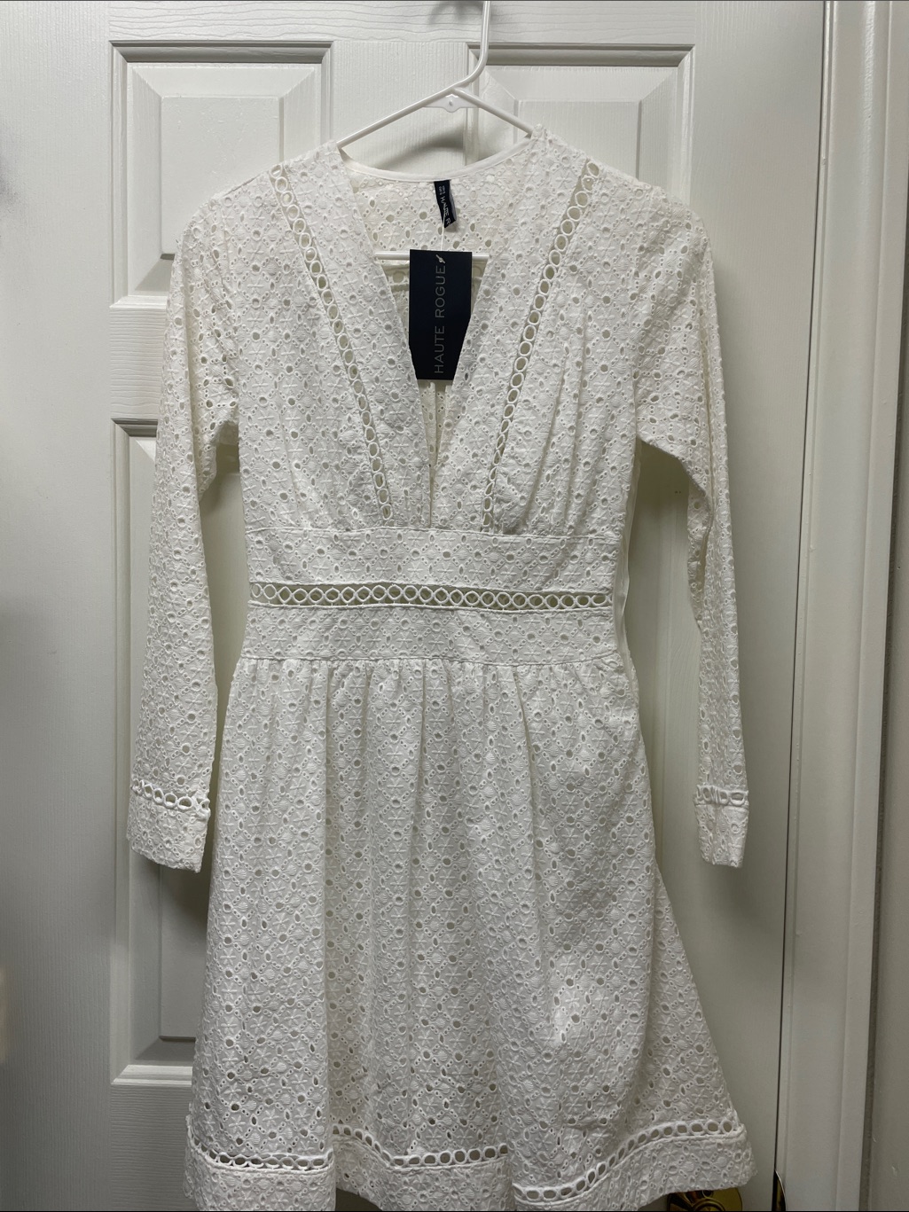 Haute Rogue White Long-Sleeve Eyelet Dress, Nwt, Small